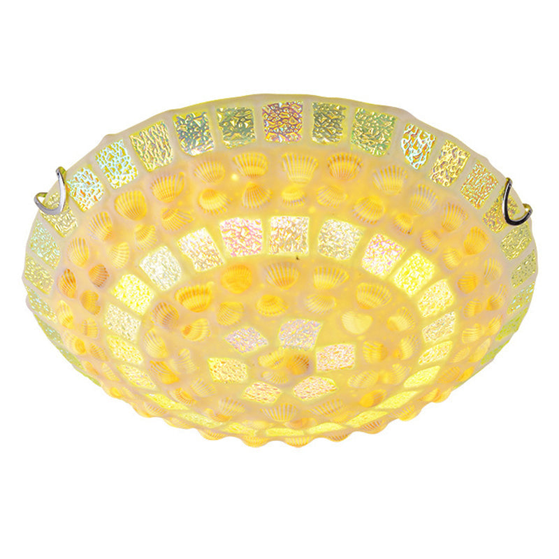 Mediterranean Yellow Mosaic Glass Bowl Ceiling Lamp With Decorative Shell For Bedrooms - Flush Mount