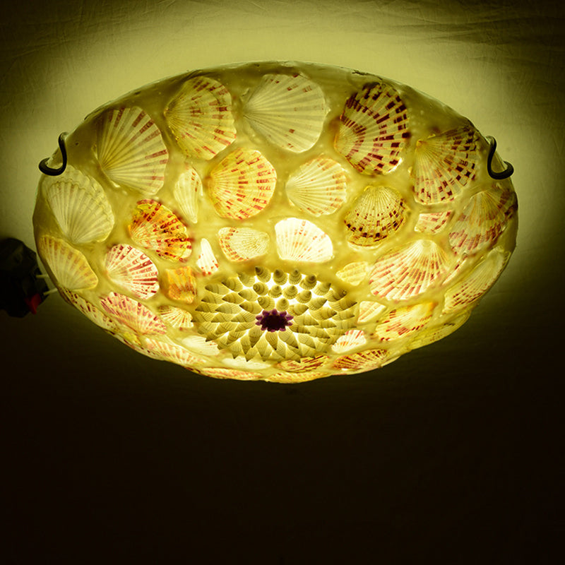 Mediterranean Beige Shell Ceiling Light - Natural Flush Mount Fixture For Bedroom