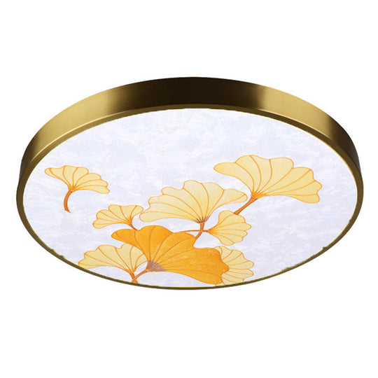 Artistic Hand-Painted Glass Flush Light: Minimalist Led Ceiling Lighting For Bedroom Brass / Leaf