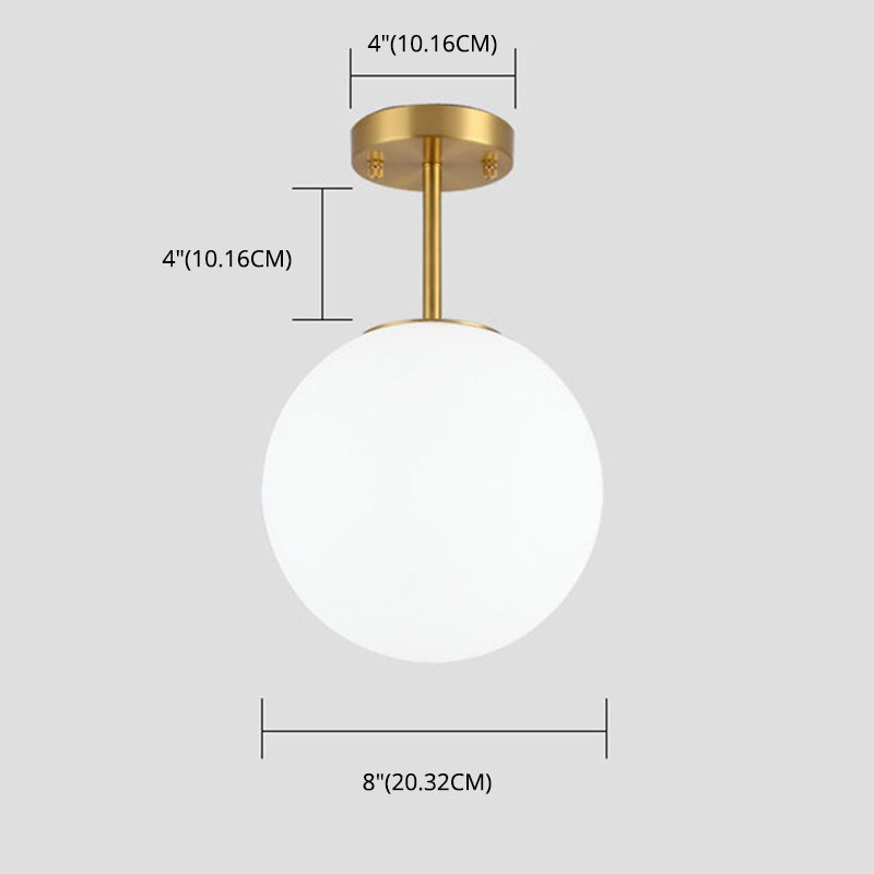 Sleek Brass Semi Flush Ceiling Light With White Glass - 1 Head Simple Style Fixture For Spherical
