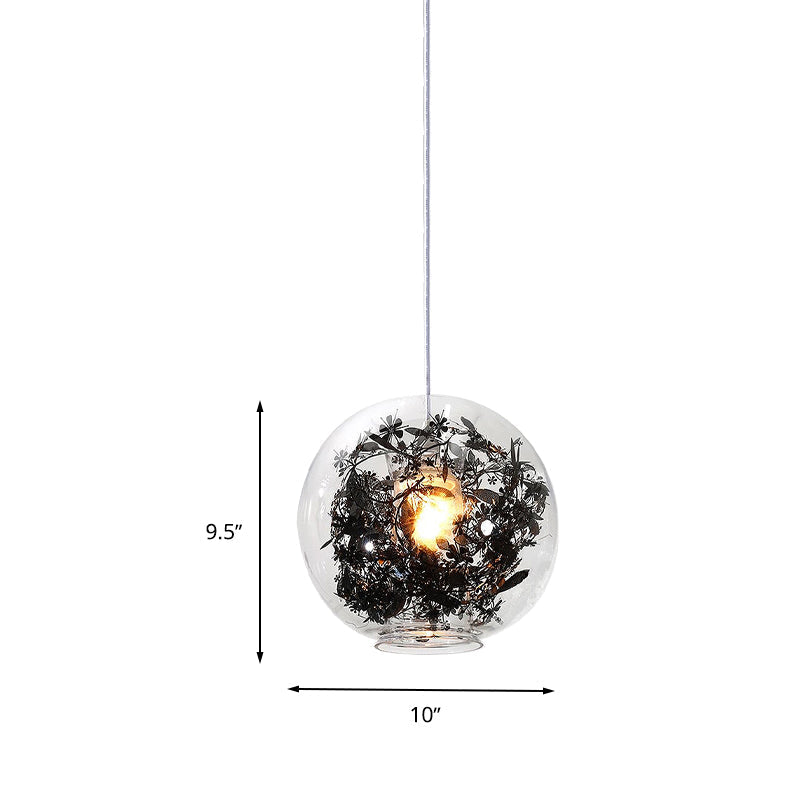Modern Clear Glass Sphere Pendant Ceiling Light With Black Plant Design 1 Head Hanging Lamp