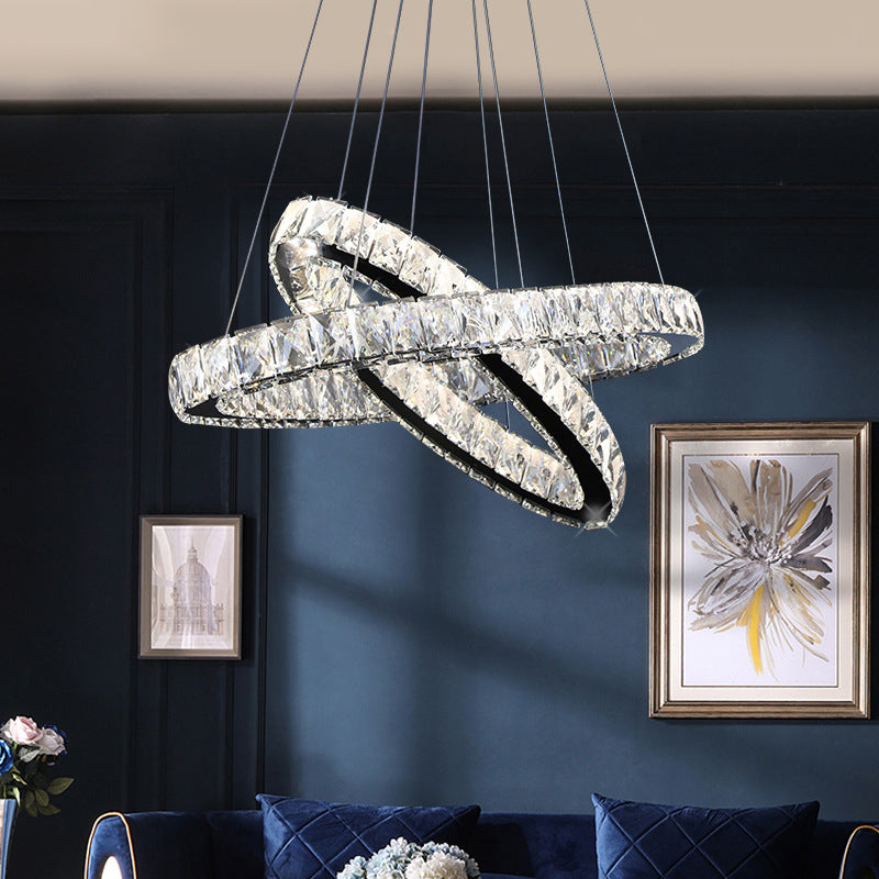 Modern Led Crystal Pendant Lamp: 2-Tier Circular Carousel Design Minimalistic Prismatic Ideal For