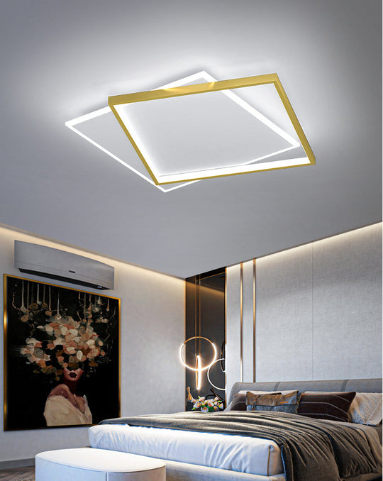 Gold Square Led Flush Mount Light Fixture - Minimalist Bedroom Ceiling Lamp