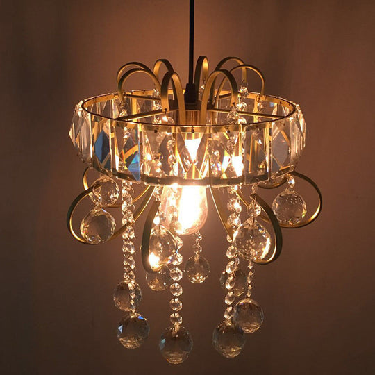 Simple Iron Frame Mini Pendant Light with Crystal Droplet - Gold Ceiling Fixture
