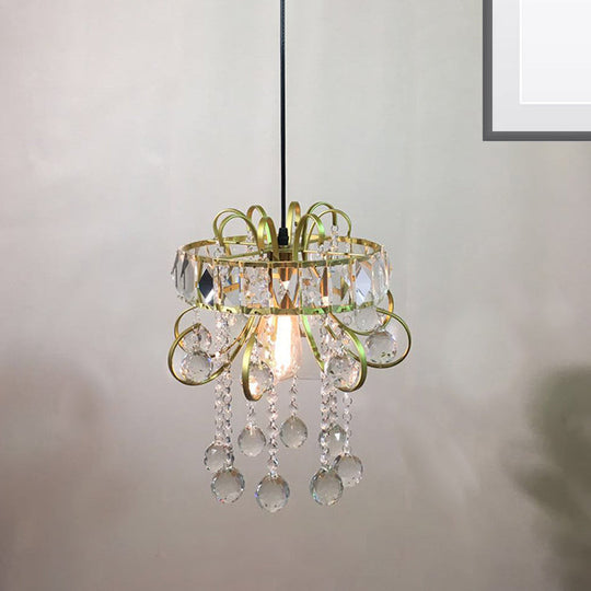 Simple Iron Frame Mini Pendant Light with Crystal Droplet - Gold Ceiling Fixture