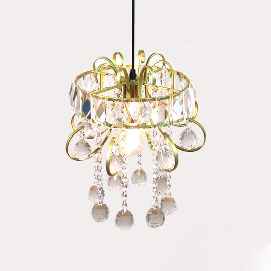 Mini Circular Suspension Pendant Light With Crystal Droplet - Gold Iron Frame 1 Bulb Ceiling Fixture