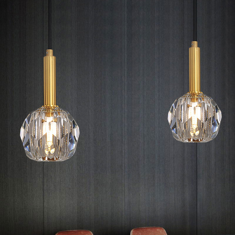 Gold Dining Room Pendant Lamp: Clear Crystal Faceted Ball With 1-Light Kit