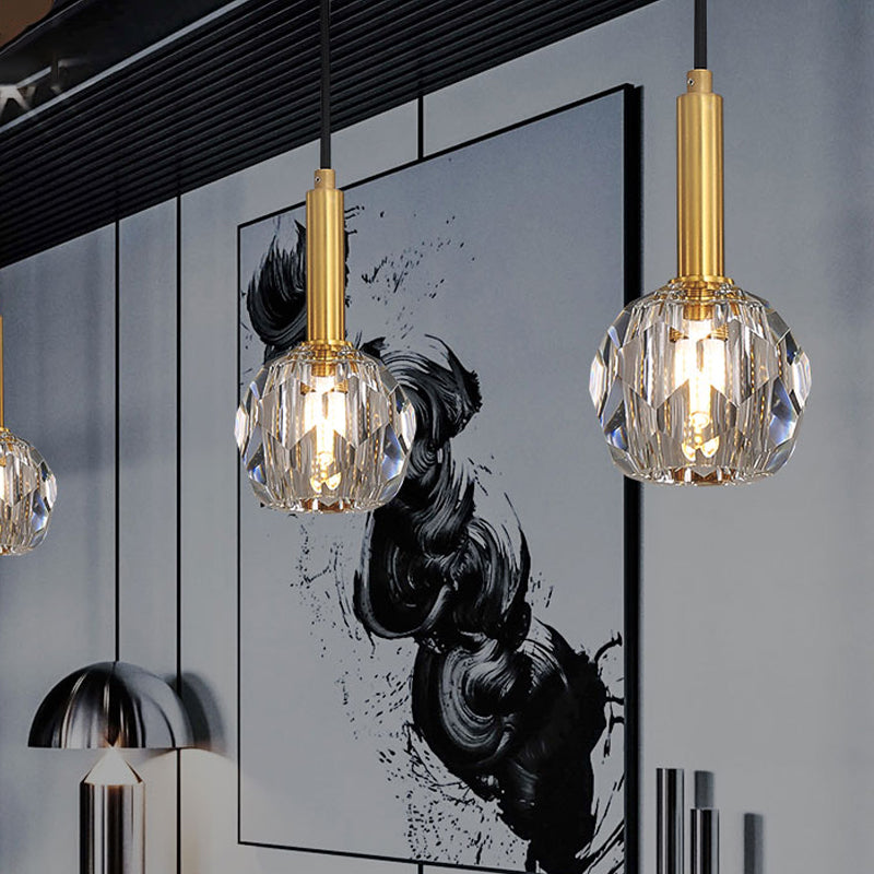 Gold Dining Room Pendant Lamp: Clear Crystal Faceted Ball With 1-Light Kit