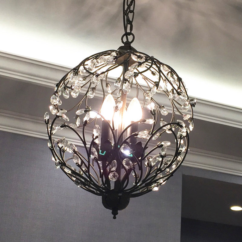 Floral Sphere Hanging Chandelier - Traditional 3-Light Black/Bronze Iron Lamp With Crystal Accent