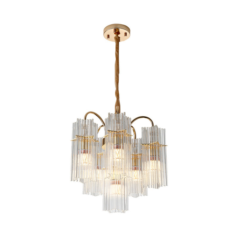 Modern Gold Tiered Cylinder Crystal Chandelier: 6-Head Dining Room Pendant