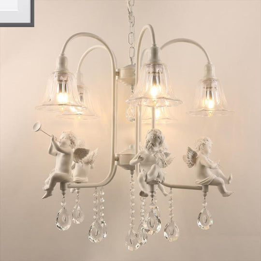 Traditional Flared Chandelier Pendant - 5-Light White Ceiling Light With Angelic Crystal Drops