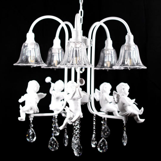 Traditional Flared Chandelier Pendant - 5-Light White Ceiling Light With Angelic Crystal Drops
