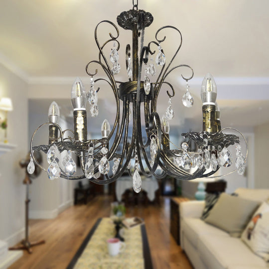 French Style Bronze Curved Candle Chandelier - 6 Light Iron Ceiling Lighting with Crystal Accent