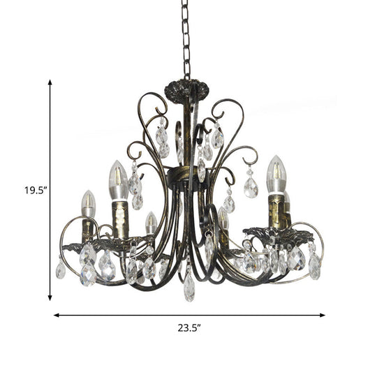 French Style Bronze Curved 6-Light Candle Chandelier With Crystal Accents