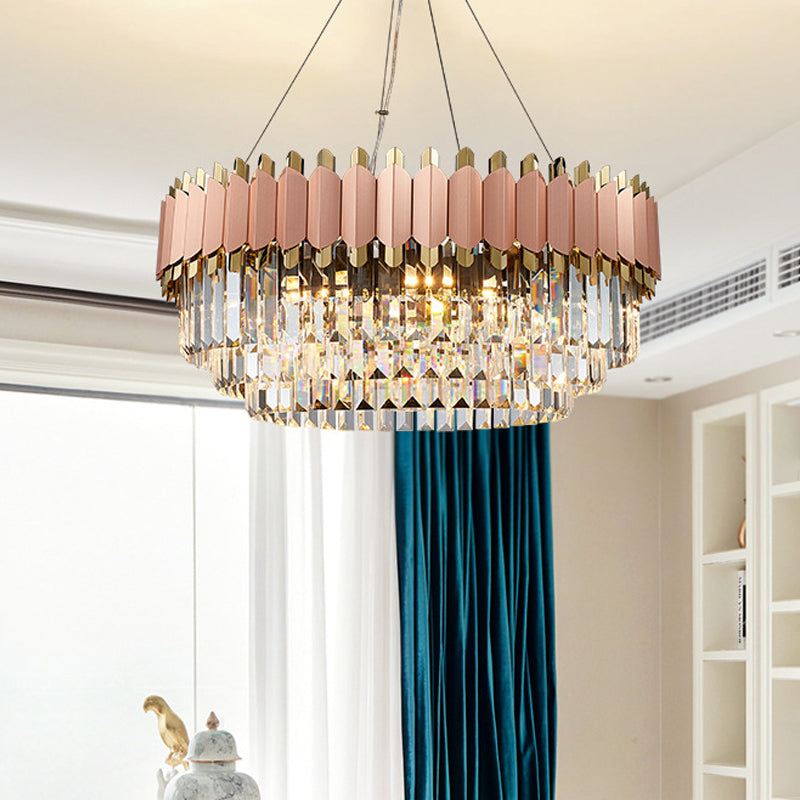 Modern Crystal Drop Pendant Ceiling Light Pink/Gold 8/12 Lights Layered Design
