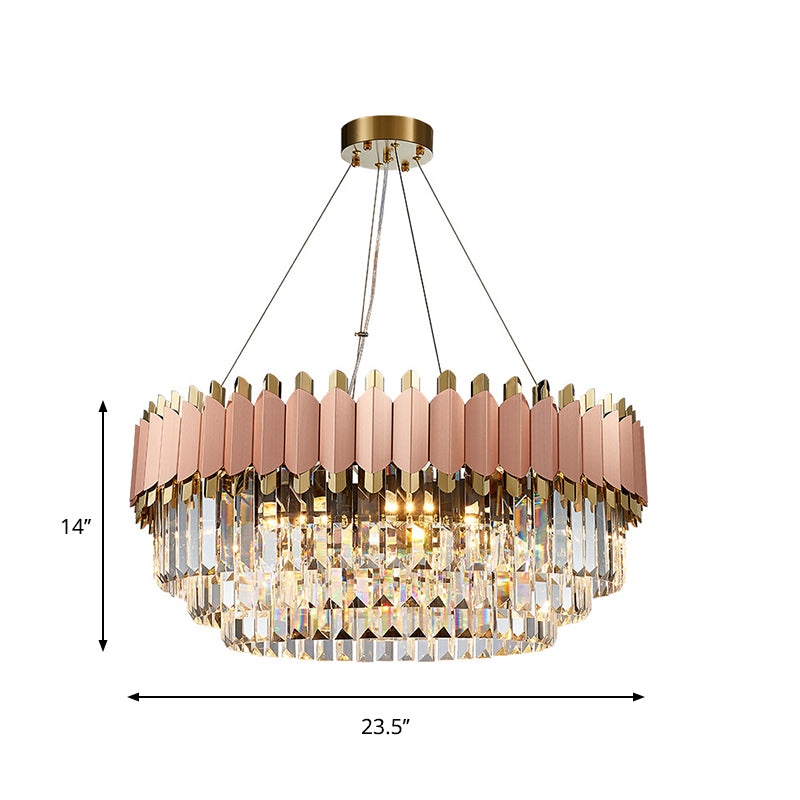 Modern Crystal Drop Pendant Ceiling Light Pink/Gold 8/12 Lights Layered Design