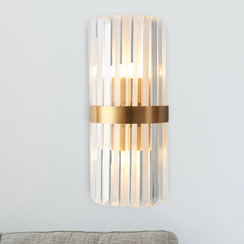 Contemporary Cylinder Sconce Light: Dual Head Gold Wall Mounted Fixture With Crystal Rod Accent