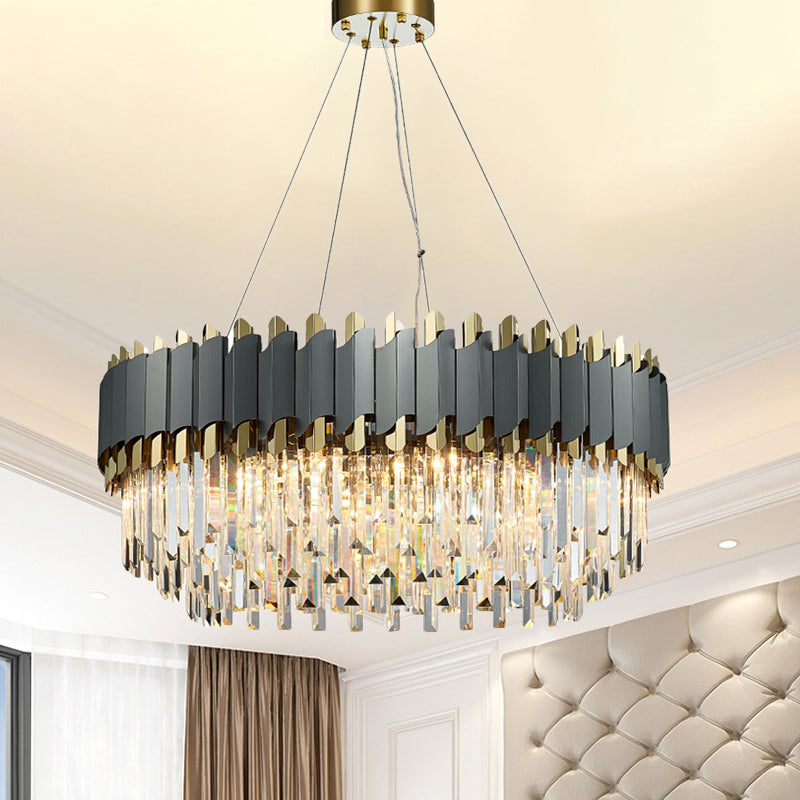 Contemporary Living Room Pendant Light - Grey Crystal Oblong Layered Chandelier (8/12-Light)