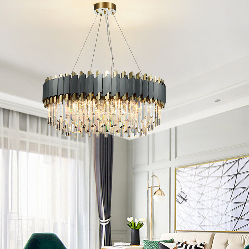 Contemporary Living Room Pendant Light - Grey Crystal Oblong Layered Chandelier (8/12-Light)