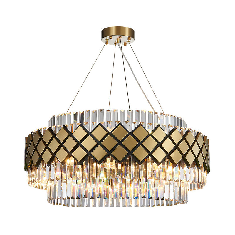 Contemporary Gold Mesh Chandelier - 12-Light Clear Crystal Pendant Light