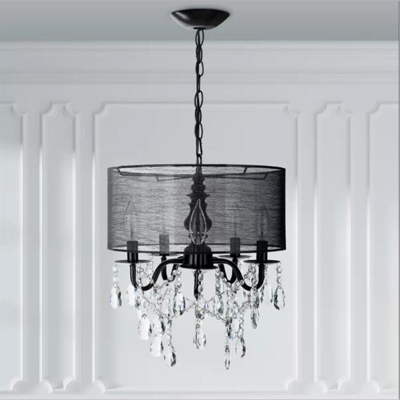 Classic 5-Light Black Round Fabric Pendant Chandelier with Crystal Accent