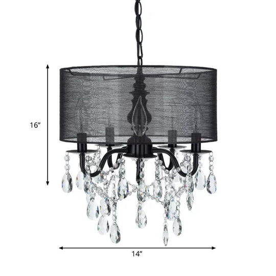 Black Round Fabric Pendant Chandelier With Crystal Accent - Traditional 5-Light Fixture