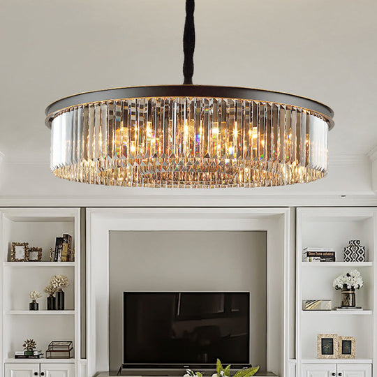 Modern Black Drum Chandelier With Crystal Shaded Pendant Light - 6/12 Lights For Living Room