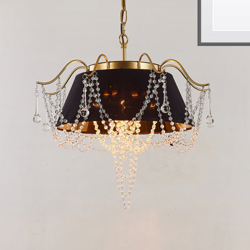 Traditional Iron Chandelier - Flared Pendant With Crystal Droplet 4-Light Black Ceiling Light