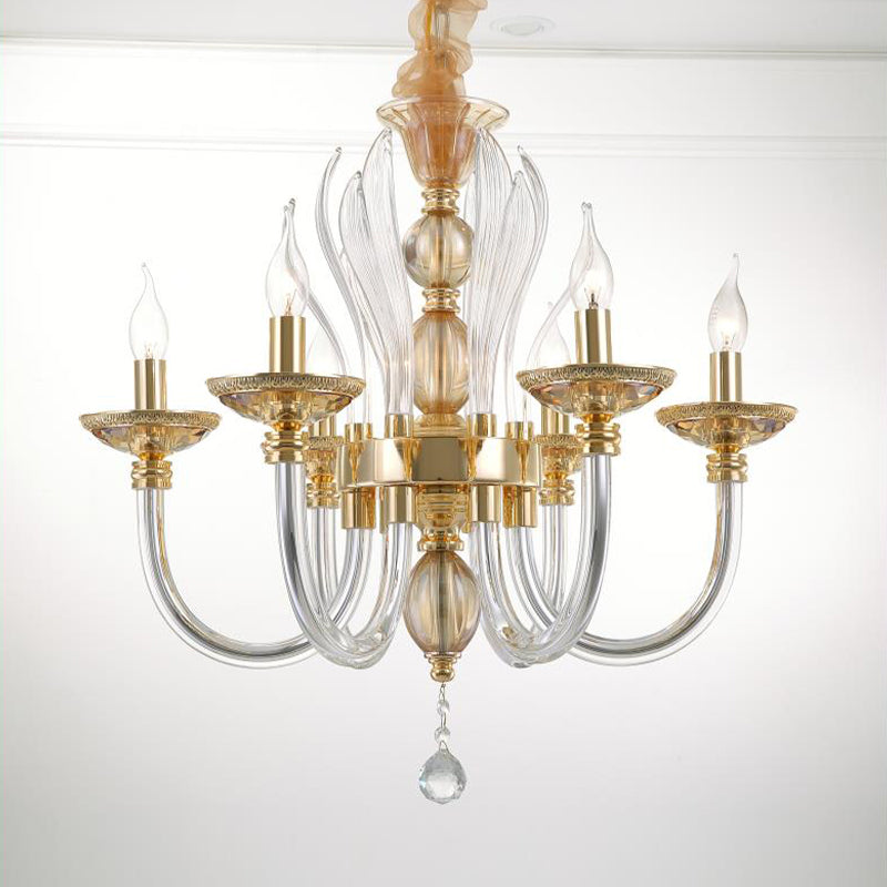 Modern Golden Curved Chandelier With 6 Clear Glass Heads And Crystal Drops