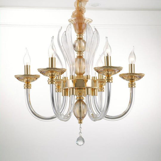 Modern Golden Curved Chandelier With 6 Clear Glass Heads And Crystal Drops