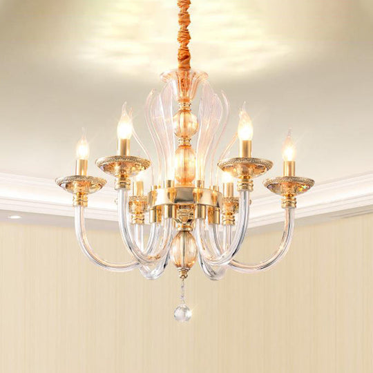 Modern Golden Curved Chandelier - 6 Heads Clear Glass Pendant Light with Crystal Drops
