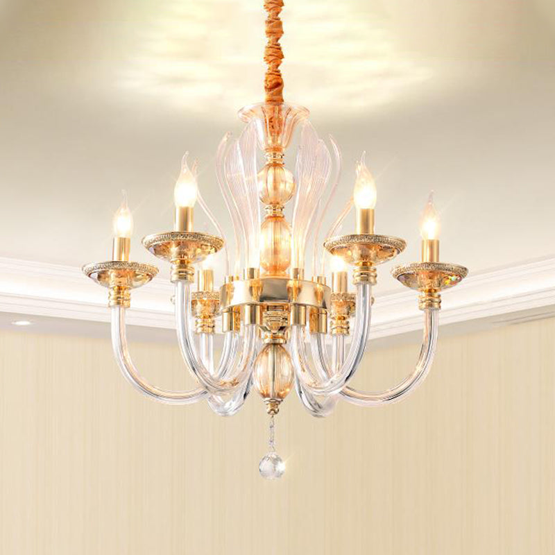 Modern Golden Curved Chandelier With 6 Clear Glass Heads And Crystal Drops Gold
