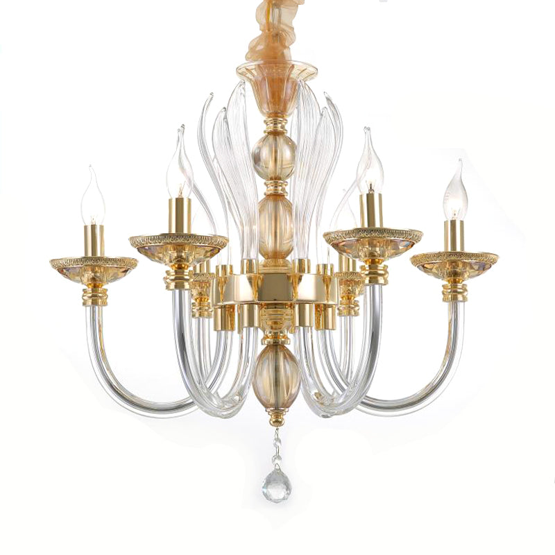 Modern Golden Curved Chandelier - 6 Heads Clear Glass Pendant Light with Crystal Drops