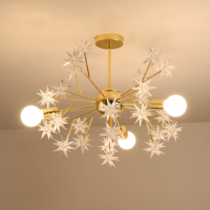 Contemporary Golden Sputnik Chandelier: 3-Light Metal Pendant Lamp With Star Accent Gold