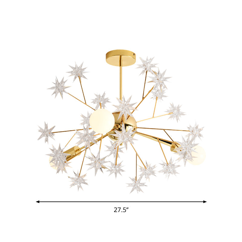 Contemporary Golden Sputnik Chandelier: 3-Light Metal Pendant Lamp With Star Accent