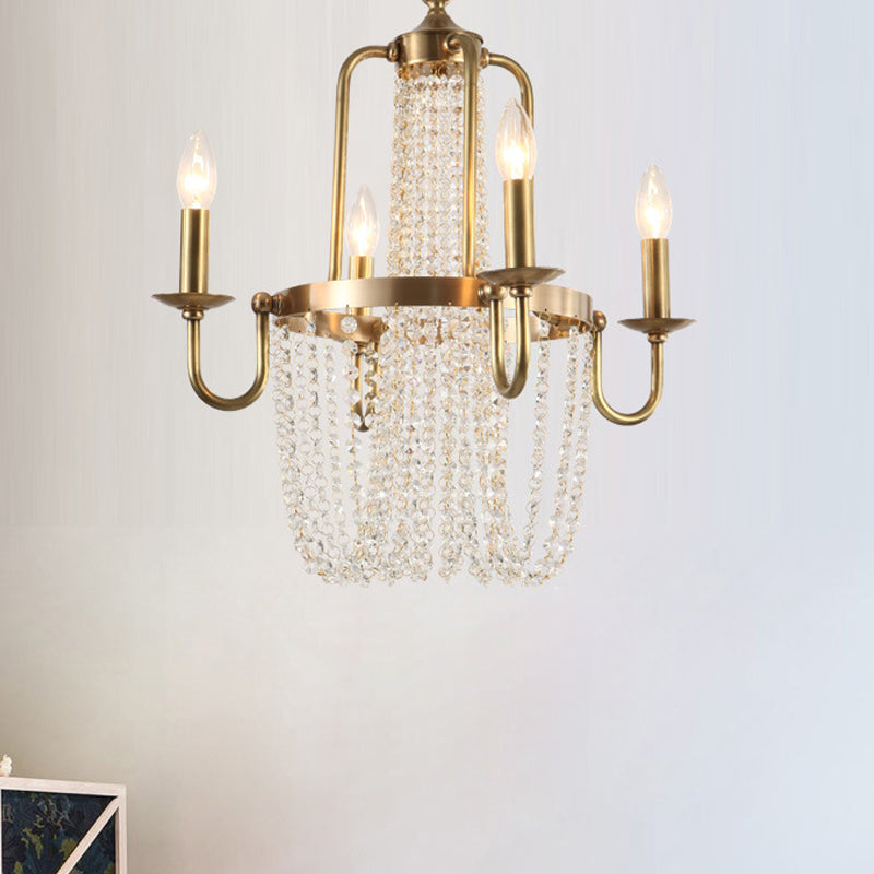 Traditional Copper Chandelier With Crystal Tassel - 4 Lights Golden Scroll Frame Hanging Ceiling