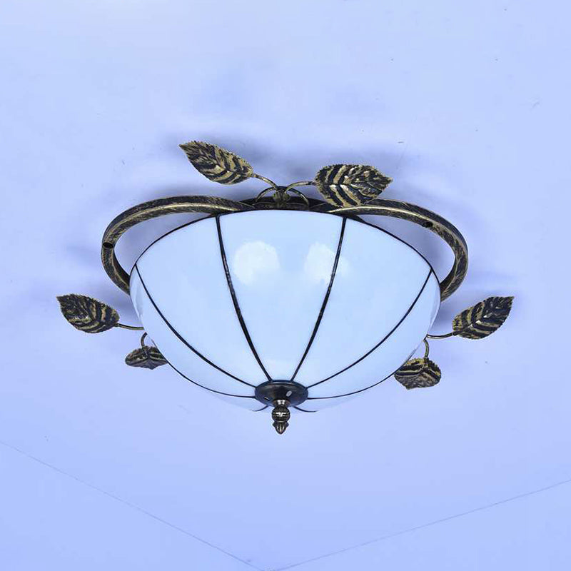 Tiffany Stained Glass Bowl Flushmount Light - 3 Bulb Ceiling Fixture With Leaf Decoration