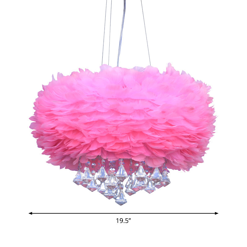 Contemporary Pink Feather Chandelier With Crystal Draping - 3 Light Pendant Lamp