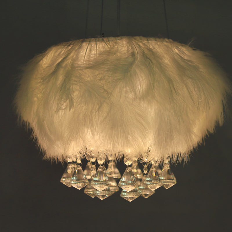 Simple 3-Light Round Fluff Chandelier With Crystal Drop - White Dining Room Ceiling Light