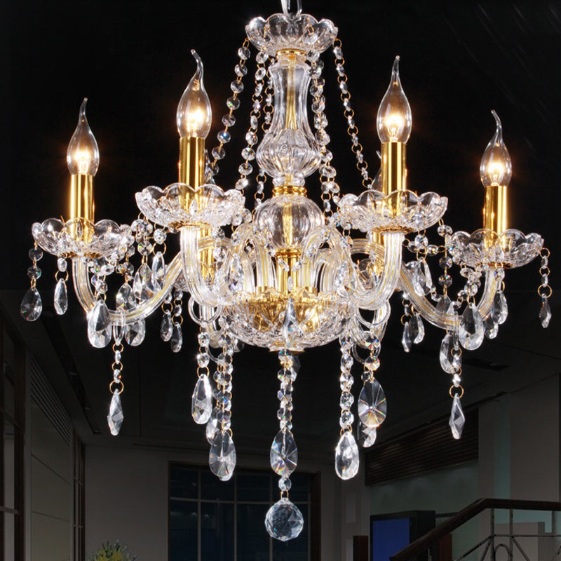 Curvy Armed Crystal Chandelier - Golden Victorian Style Pendant Light With 6 Heads