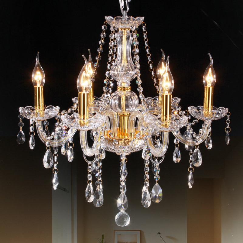 Curvy Armed Crystal Chandelier - Golden Victorian Style Pendant Light With 6 Heads Gold
