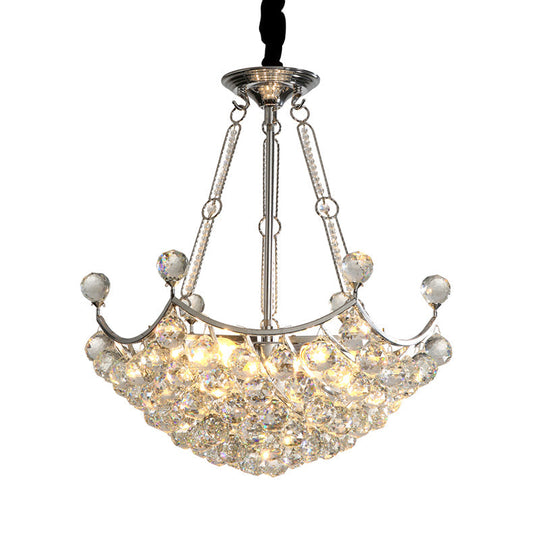 Modern Clear Crystal Bowl Chandelier - 6 Bulb Suspension Light For Dining Table Chrome Finish