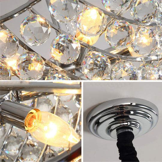 Modern Clear Crystal Bowl Chandelier - 6 Bulb Suspension Light For Dining Table Chrome Finish