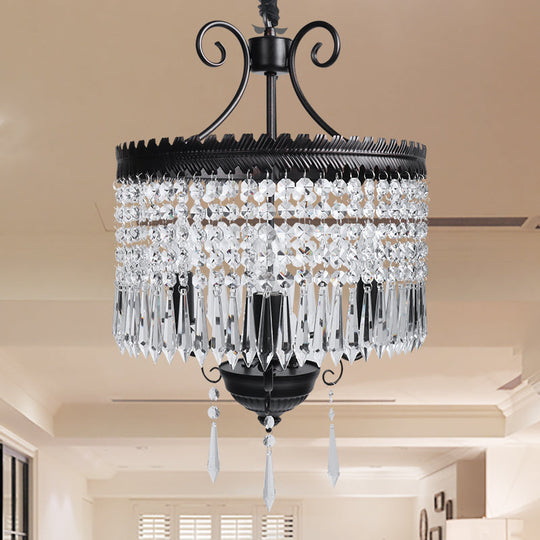 Modern Clear Crystal Beaded Pendant Light with Drum Shade - 3-Light Chandelier in Black