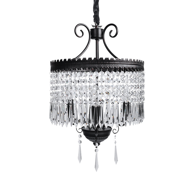 Modern Clear Crystal Beaded Pendant Light with Drum Shade - 3-Light Chandelier in Black
