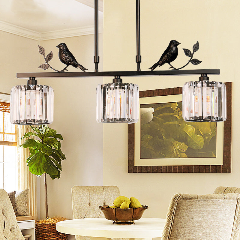 Modern Black/Gold Chandelier Lamp With Clear Crystal Drum Shade Bird Accent - 3 Heads Hanging Light
