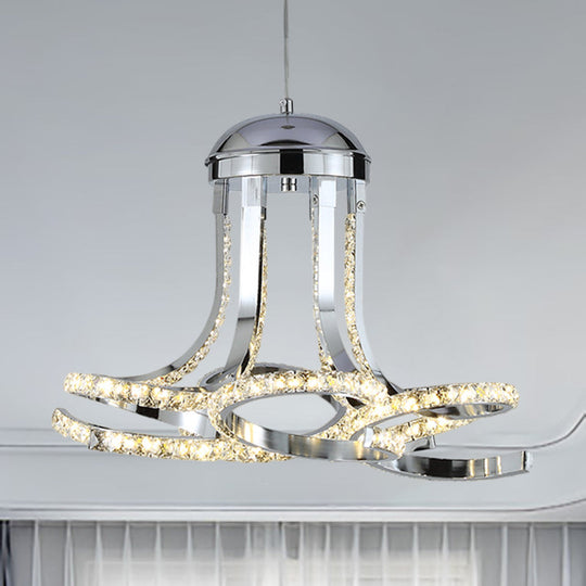 Modern Twisted Chrome LED Hanging Chandelier with Metal and Crystal Accents in Warm/White Light