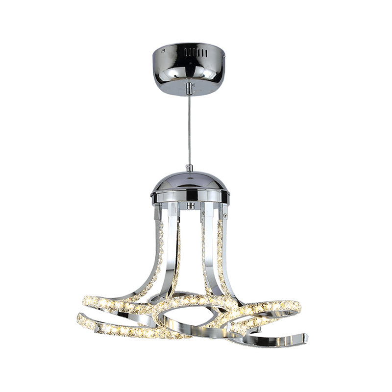 Modern Twisted Chrome LED Hanging Chandelier with Metal and Crystal Accents in Warm/White Light