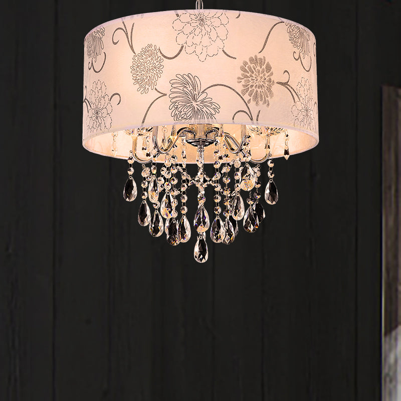 Vintage Crystal 5-Light Chandelier with Flower Pattern - Printing Fabric Shade Pendant Light in Chrome
