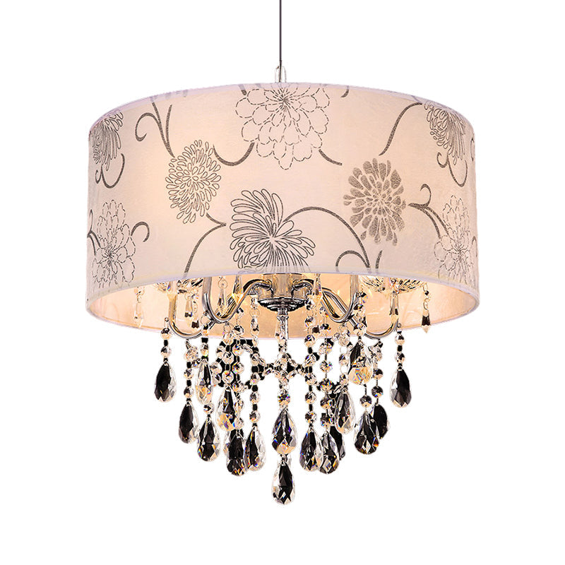 Vintage Crystal 5-Light Chandelier with Flower Pattern - Printing Fabric Shade Pendant Light in Chrome
